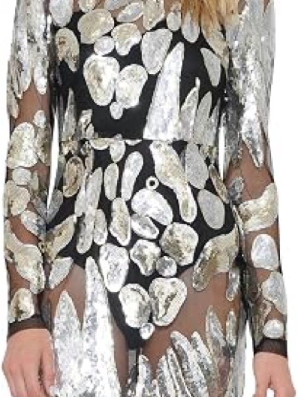 L'ATISTE Black Mini Dress with Silver Metallic Appliqué